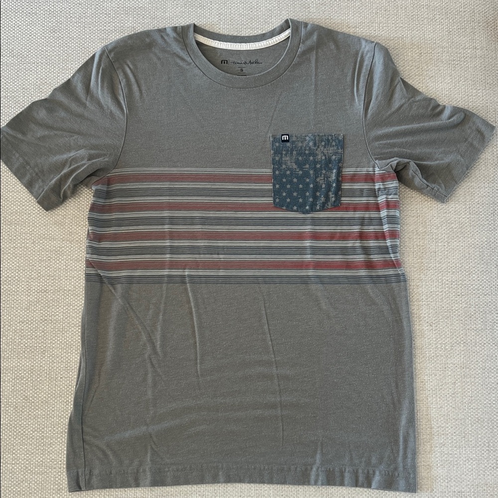 Men's Travis Mathews Gray Striped T-Shirt with Pocket, Sz small